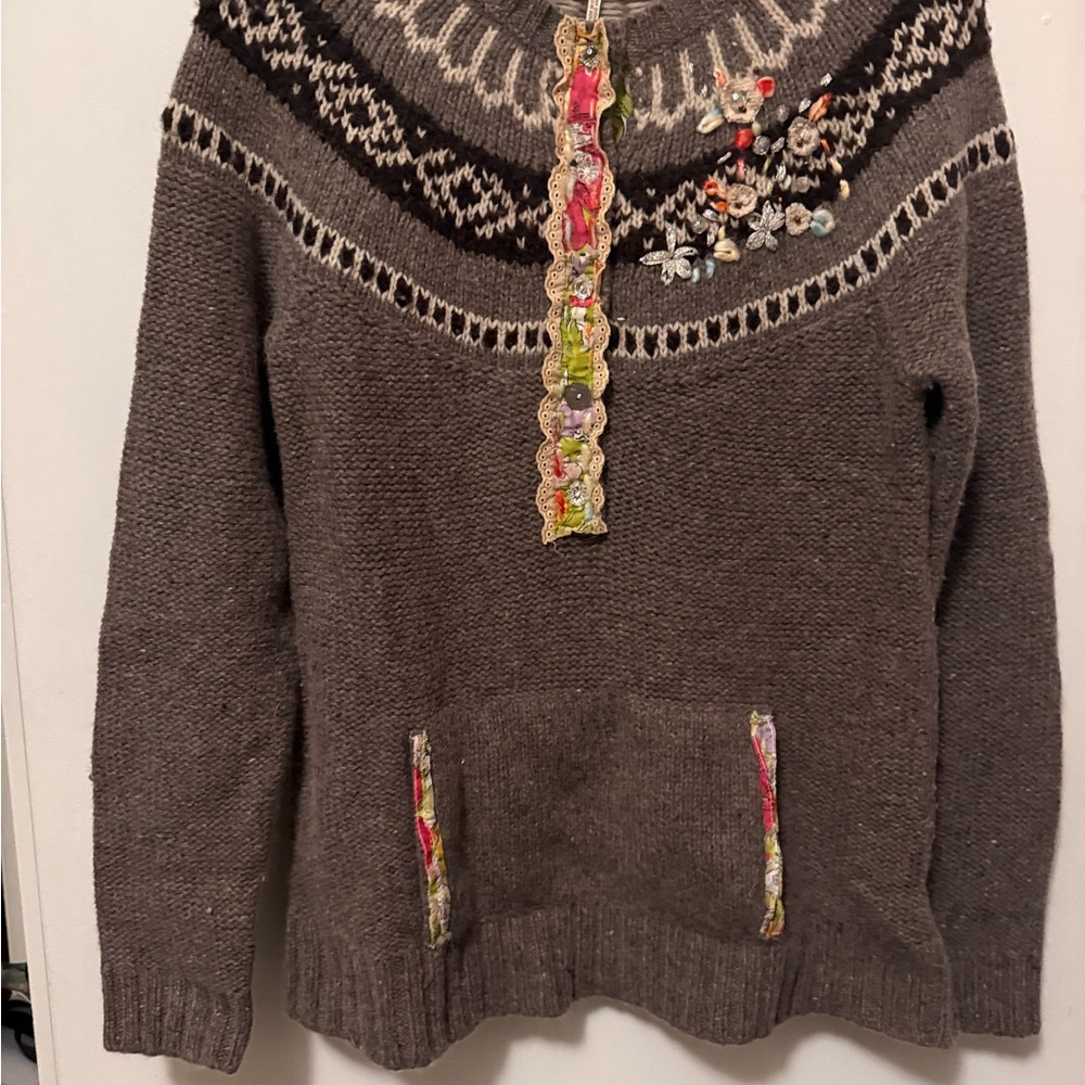 Free People Charcoal Floral Embellished Sweater